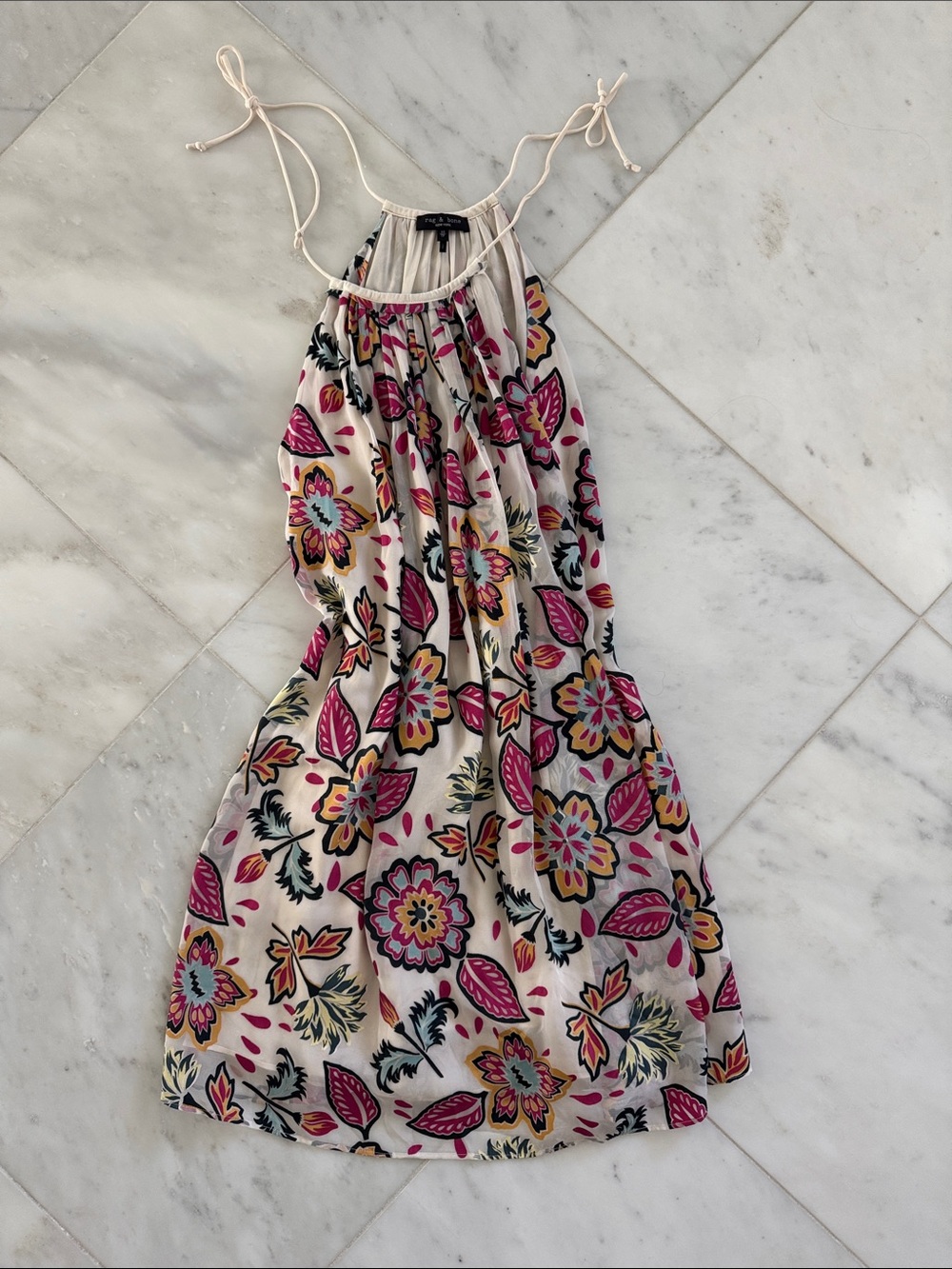 rag & bone Cream Floral Mini Dress with Pink & Yellow Print